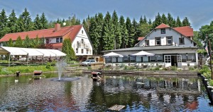 Links: Biergarten am Waldteich Rechts: Pensionsgebäude